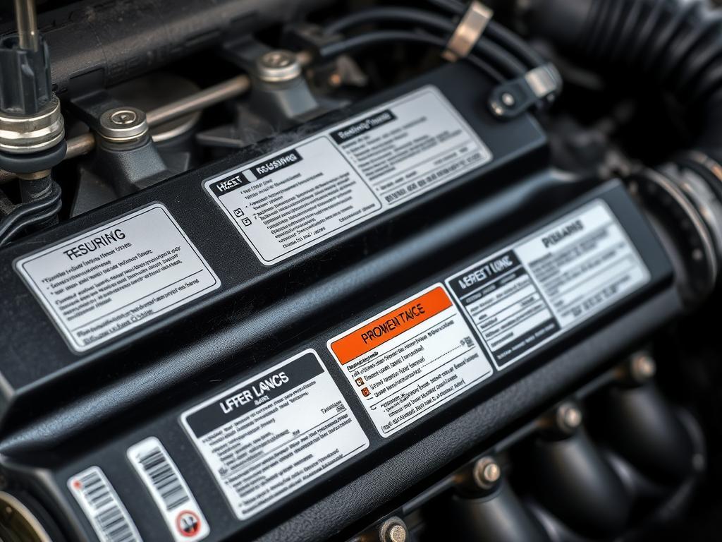 Heat resistance labels on automotive engine components Heat resistance labels on automotive engine components