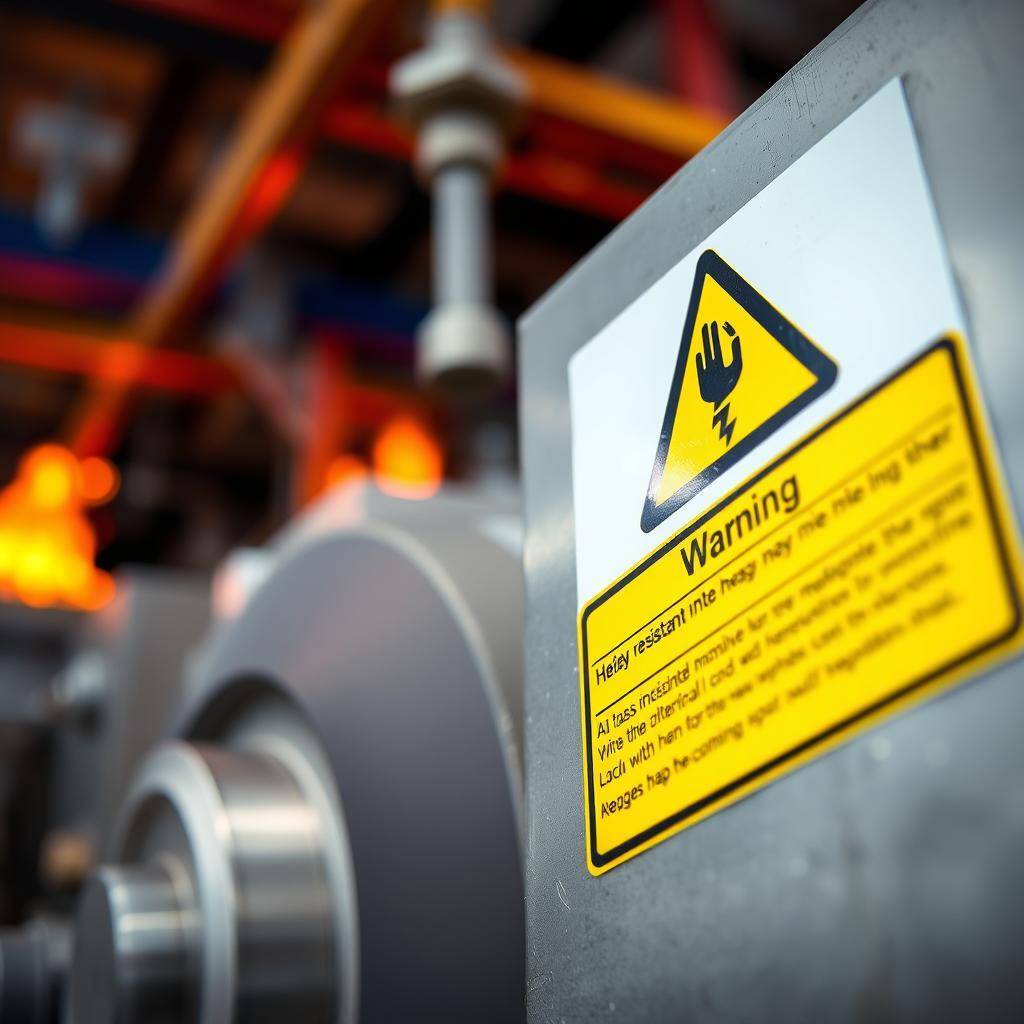 Heat resistance safety label on industrial equipment Heat resistance safety label on industrial equipment